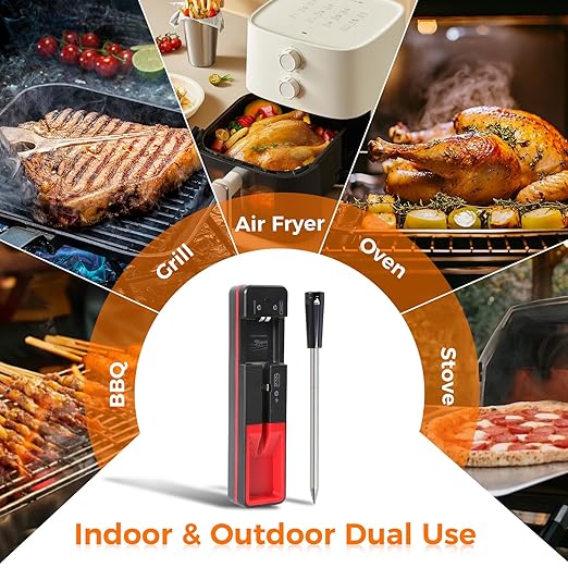 NiTsai Smart Wireless Meat Thermometer with Ultra Thin Probe, Remote Monitoring and Instant Read with APP, Bluetooth Food Thermometer for Oven, BBQ, Smoker, Grill, Air Fryer