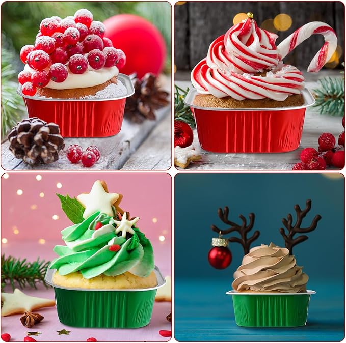 Aoriher 150 Pieces 10 oz Mini Cake Pans with Lids Aluminum Foil Baking Cups Square Disposable 4 x 4 Large Cupcake Cups Baking Tins for Kitchen Brownie Pudding Desserts Holder(Red,Christmas Green)