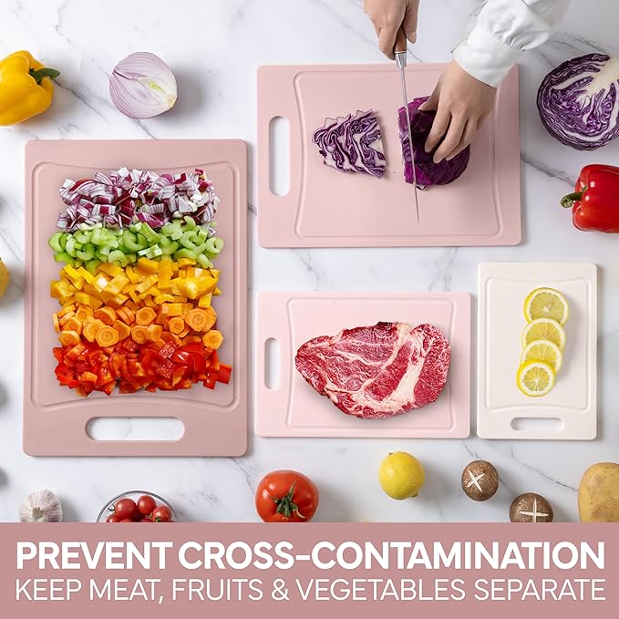 COOK WITH COLOR Non-Slip Cutting Board Set – Kitchen Essentials with Easy Grip Handle for Meat, Veggies, and Fruits, 4 Cutting Boards, Pink