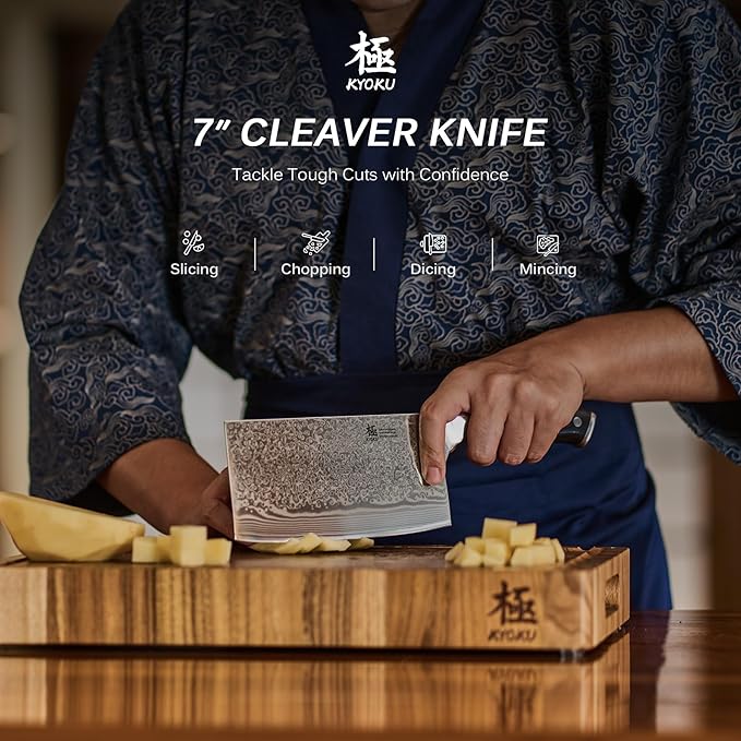 KYOKU Vegetable Cleaver Knife - 7" - Shogun Series - Japanese VG10 Steel Core Forged Damascus Blade - with Sheath & Case