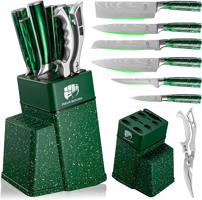 FULLHI 8pcs block Knife Set,chef's Knves Set with Block and Sharpener, Kitchen Knife Set,Multi-colour Handle, Gifts for Men Women