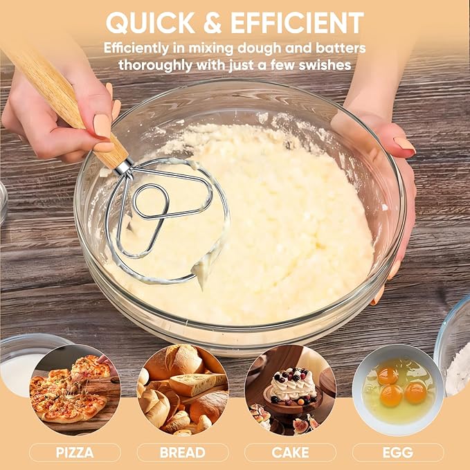 Maxjoy Danish Dough Whisk Stainless Steel with Wooden Handle, Dutch Whisk Dough Hook for Sourdough Bread Baking Mixing Tool