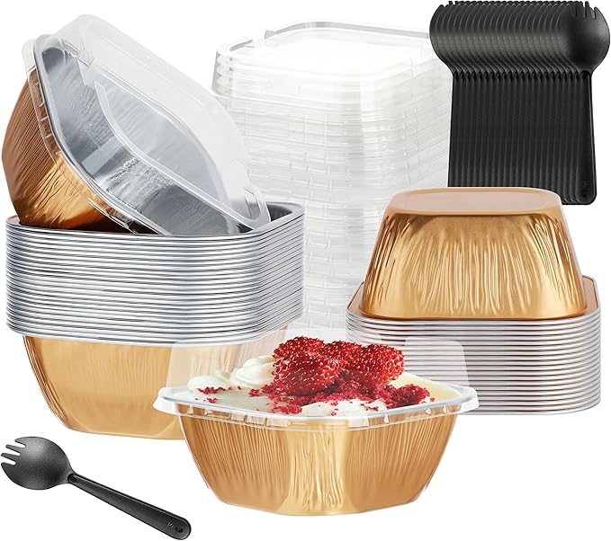 Disposable Cake Pans, BAKINGPAK 30PCS 7.8OZ Mini Cake Pans with Lids And Spoons Cupcake Liners with Lids Mini Disposable Baking Cups for Wedding Party, Rose Gold