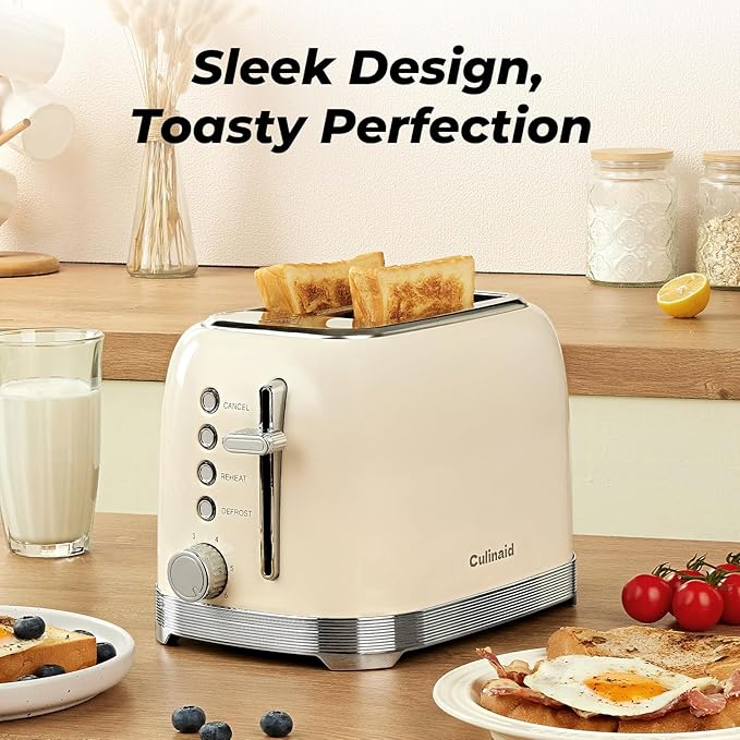 Toaster 2 Slice Retro Stainless Steel with 1.5” Extra Wide Slots Bagel, Defrost, Reheat, Cancel Functions, 6 Bread Shade Settings, Removable Crumb Tray, Cream White