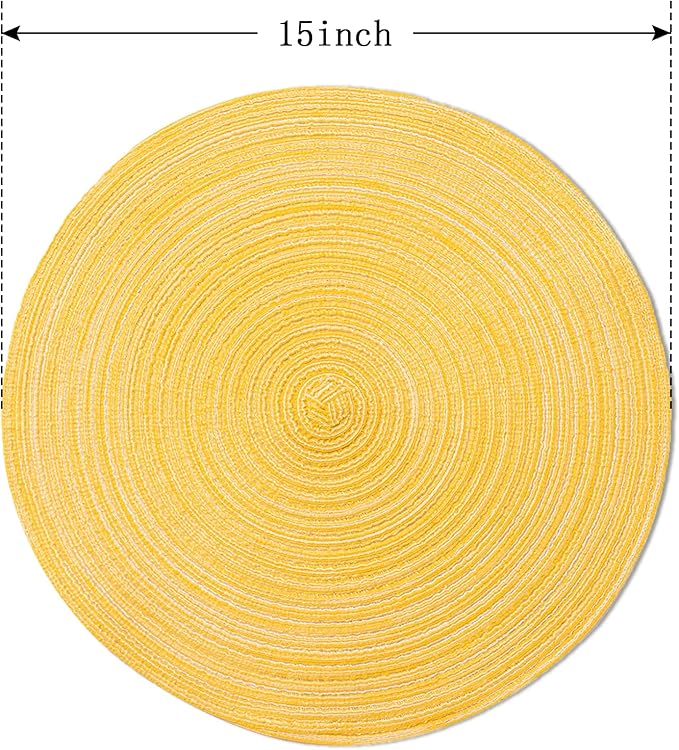 FunWheat Round Braided Placemats Set of 4 Place mats for Dining Tables Woven Heat Resistant Table Mats 15 inch (E Yellow, 4pcs)