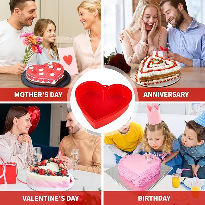 10 Inch Heart Shaped Cake Pans, 2 Pack Nonstick Silicone Heart Baking Molds for Cakes, Cheesecakes and Brownies (Red)