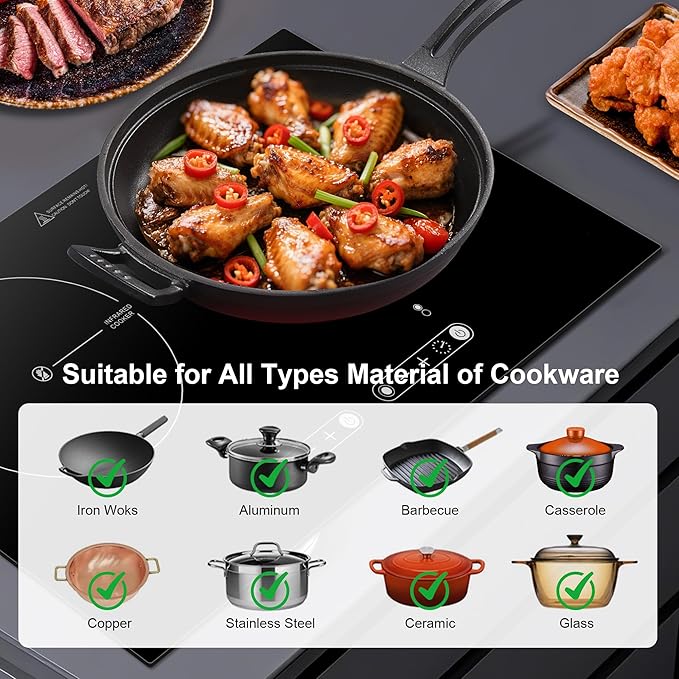 Dual Coil Design of 2 Burner Cooker, 1800W Electric Ceramic Hot Plate for Cooking, Infrared Double Burner Portable Countertop or 24inch Built-in Cooktop Radiant Stove Top, Compatible with All Cookware