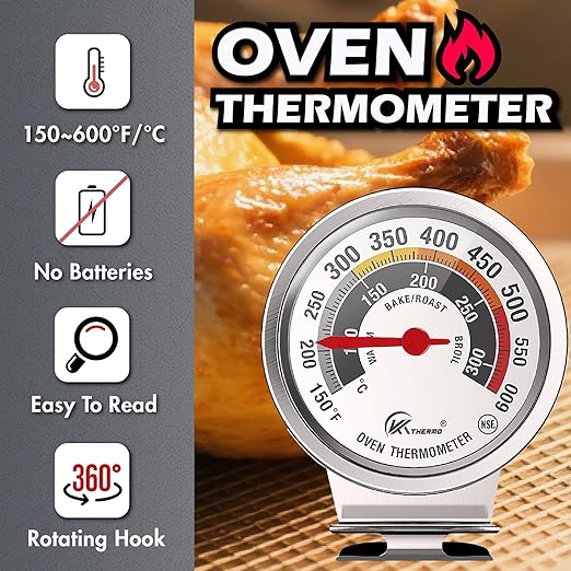 NSF Certified Oven Thermometer - KT THERMO 3in Analog Appliance Thermometer with Wide 150-600°F Temperature Range, Stainless Steel, Large Dial for Easy Reading