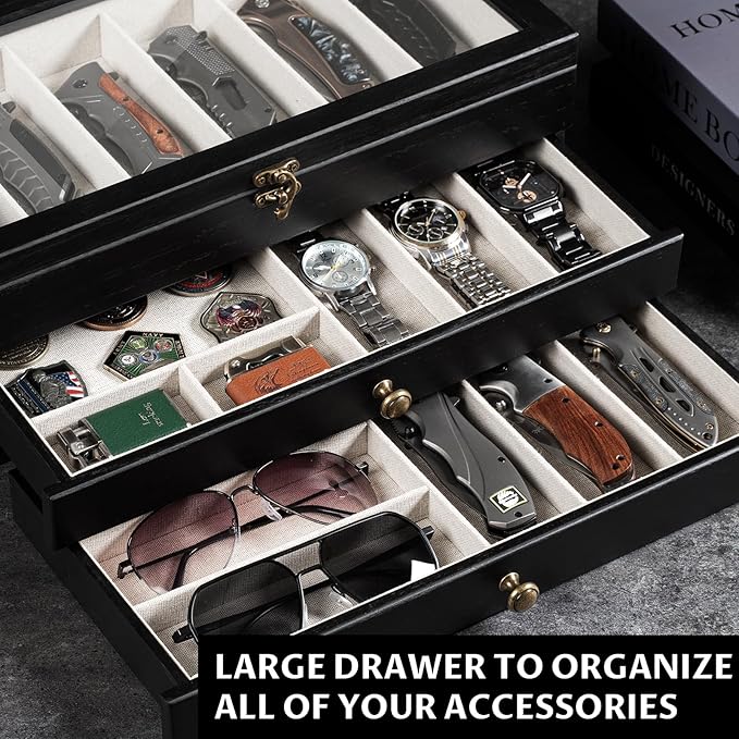 Knife Display Case, 3-Layer Pocket Knife Case Display & Storage Knives, Solid Wood Knife Case for Collections, Gift for Boyfriend Fathers Day Birthday Gifts(Black)