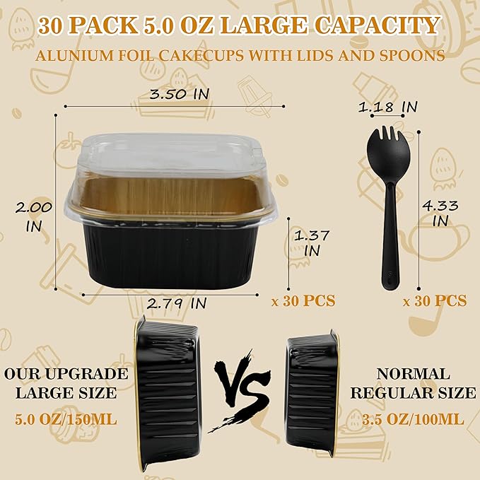 Mini Cake Pans With Lids, BAKINGPAK 30PCS 5OZ Square Mini Aluminum Pans Disposable Aluminum Foil Cupcake Cups Individual Cake Pans with Lids for Children Party Wedding Party,Black Gold