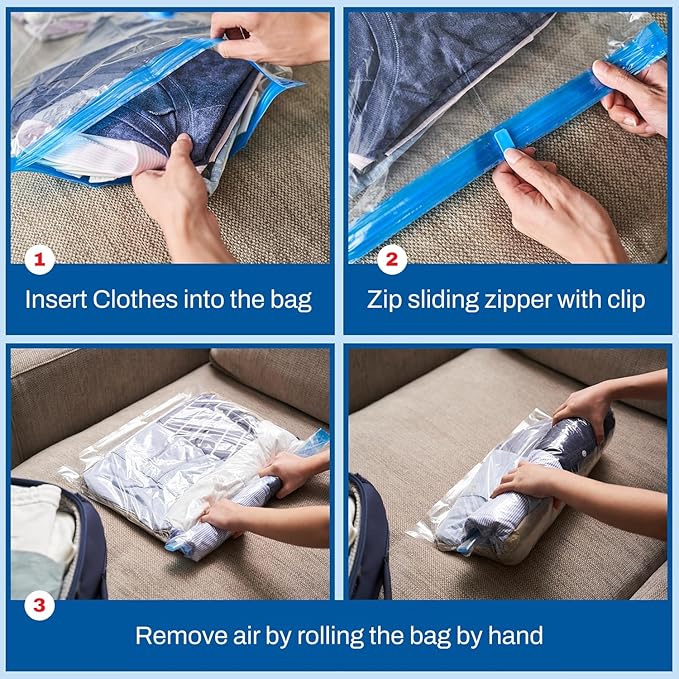 Spacesaver 16 Pack Roll Up Vacuum Storage Bags for Blankets & Clothes - Vacuum Sealed Compression Bags with Hand Pump - Space Saver Storage Bag for Bedding, Moving, Travel & Organization (8S & 8M)