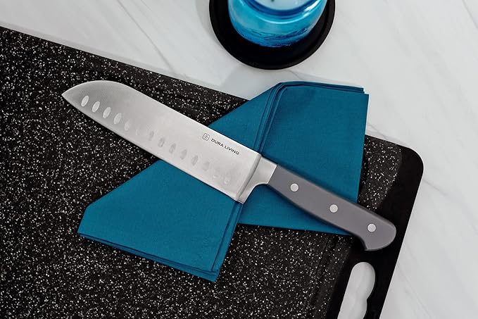 DURA LIVING 7-Inch Santoku Knife - Razor-Sharp High-Carbon Stainless Steel Blade, Forged Ergonomic Riveted Handle, Chef Knife for Chopping, Slicing & Dicing, Multipurpose Kitchen Knife, Home Chef