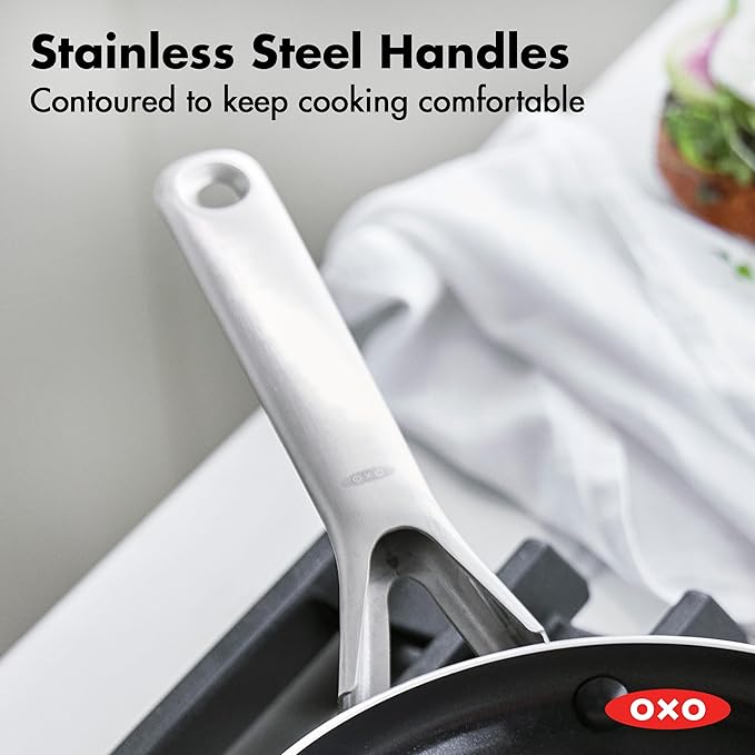 OXO Agility Series 12 Piece Cookware Pots and Pans Set, Ceramic Nonstick PFAS-Free, Induction, Skillets,Saucepans,Lids,Even Heating,Stainless Steel Handles,Chip-Free Rims,Dishwasher & Oven Safe,Black