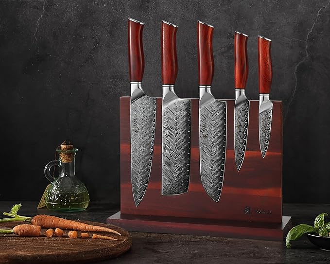 Wakoli Red Knife Block Set – 5-Piece Professional Damascus Kitchen Knife Set with Magnetic Block | 67-Layer Damascus Steel with VG10 Core | Ergonomic Rosewood Handles | Gift Box (Rose Elegance)