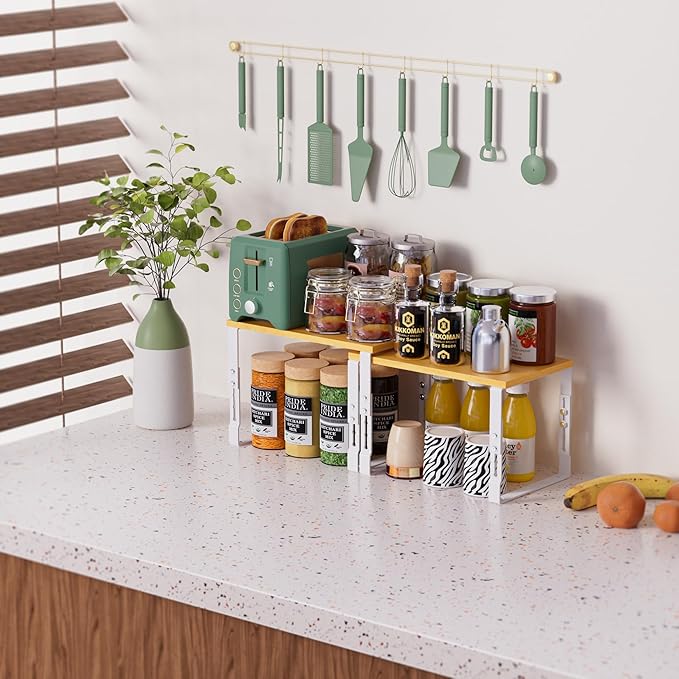 Adjustable Storage Shelves for Kitchen Cabinet Organization - Set of 2 Stackable Metal & Solid Wood Racks, Space-Saving Design for Countertop/Pantry/Garage, Easy Assembly(1 Pack/Large/White)
