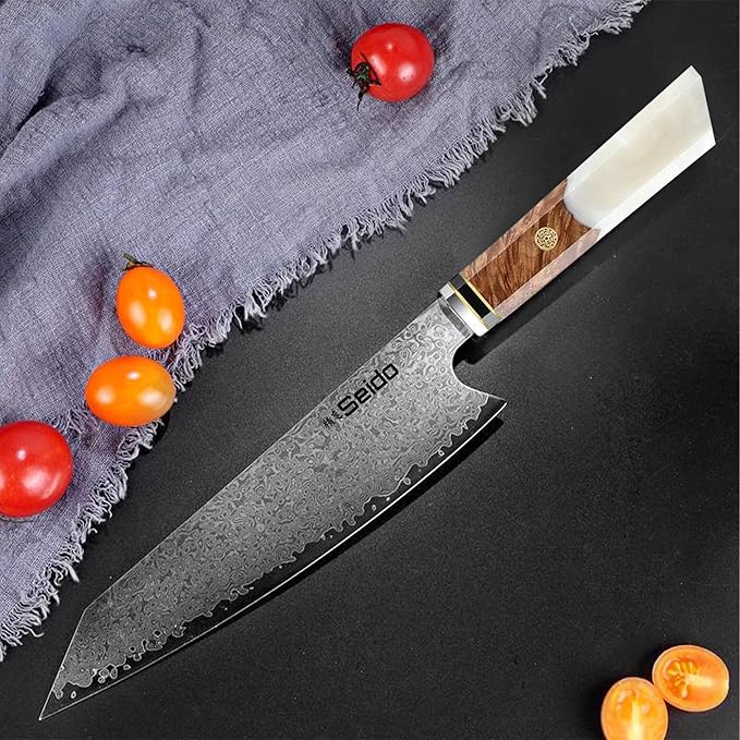 Seido Knives Kiritsuke Damascus Steel Chef Knife Epoxy Resin Stabilized Wood Handle Professional Kitchen Knife VG10 High Carbon Stainless Steel, Pearl White