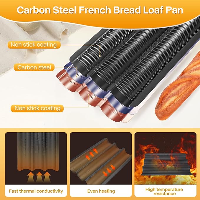 French Baguette Bread Pan, 3 Loaf Bread Pan Nonstick, Perforated Baguette Tray, Oven Safe, Health Homemade Bread Baking Supplies with Couche, 15x11 Inch, Round Corner and Heat Evenly, Black