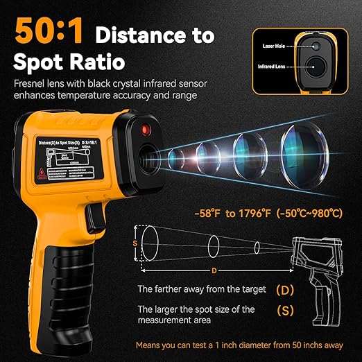 50:1 Infrared Thermometer IR Laser Gun, -58°F to 1796°F, Digital Temperature Gun/K-Type Probe -4°F to 932°F & Humidity Sensor for Cooking, Pizza Oven BBQ HVAC Home-Industrial Use