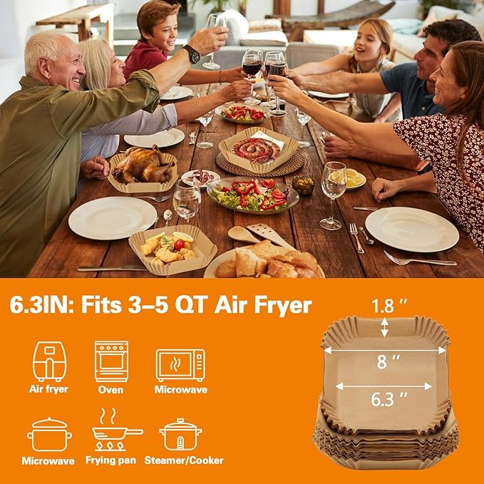 200Pcs Air Fryer Paper Liners, 6.3 Inch Square Disposable Air Fryer Liner, Non-stick Parchment Paper for Frying Baking Roasting Microwave Oven
