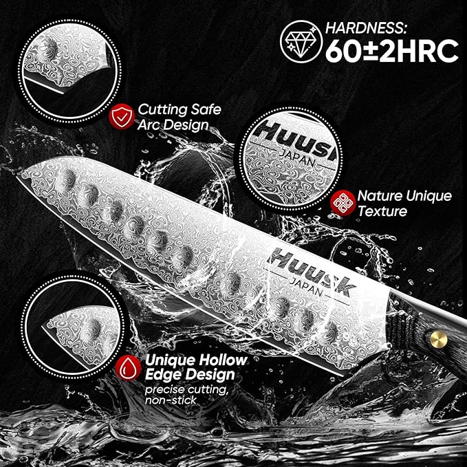Huusk Damascus Santoku Knife 7 inch, Japanese Knives with Sharp Edge and Wooden Handle Hand Forged Chef Knives for Home Use, Meat Vegetables Fish Knives, Birthday Dad Mom Gift