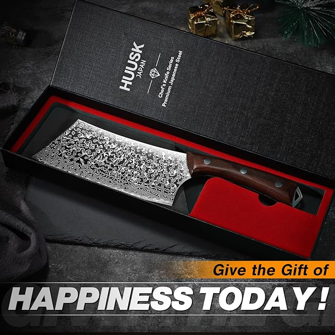 Huusk Meat Cleaver Knife Japanese Kitchen Knife 6.4 Inch, Hand Forged Butcher Knife for Meat Cutting, Vegetable Chopping Knife High Carbon Steel Damascus Pattern Chef Knife Cooking Gift for Men Women