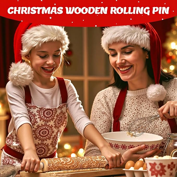 Christmas Gifts Wooden Embossed Rolling Pin for Baking, Stocking Stuffers Gifts for Women, Deep Engraved Embossing Rolling Pins with Snow Pattern Designs for Baking Cookies Stamps Roller DIY Tools