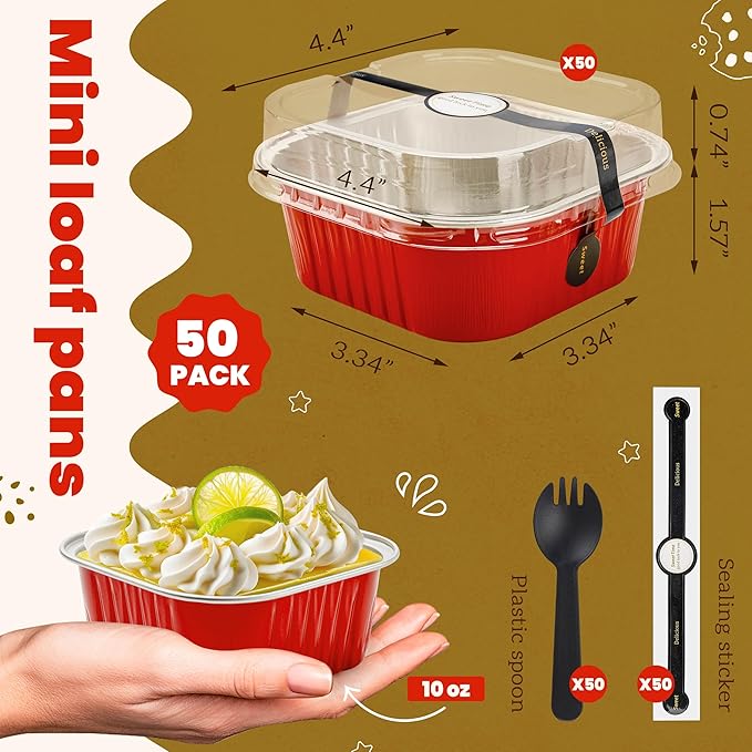 50 Pcs Mini Square Baking Cups with Lids and Spoons Aluminum Foil Mini Cake Pans with Lids Disposable Ramekins Cake Pans Dessert Cups for Wedding Birthday Party(Red,10oz)
