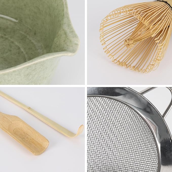 6Pcs Matcha Whisk Set With Bamboo Whisk(120-Prong) and Ceramics Holders and Bowl,Scoop,Stainless Steel Sifter for Women Christmas Birthday Gifts