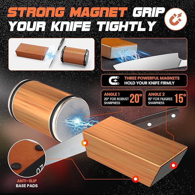 Rolling Knife Sharpener – Kitchen Knife Sharpener with Diamond Grinding Discs, 15° & 20° Magnetic Angles, Easy-to-Use Knife Sharpening Tool for Chef & Home Kitchen Knives