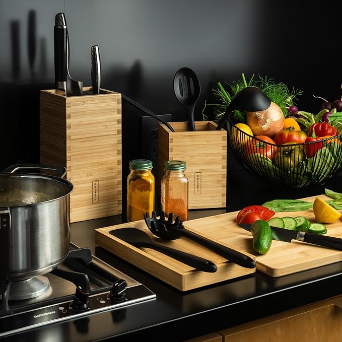 KAIZEN Bamboo Knife Block Without Knives - Perfectly Sized Universal Knife Holder for Knives, Scissors - Unique Knife Storage for Counter Top with Anti-Slip Base (Natural Wood)