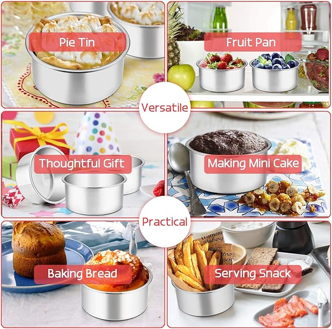TeamFar 4 Inch Cake Pan, Mini Cake Pan Small Round Baking Tins Set Stainless Steel, For Baking Steaming Serving, Healthy & Sturdy, Easy Clean & Dishwasher Safe - Set of 3