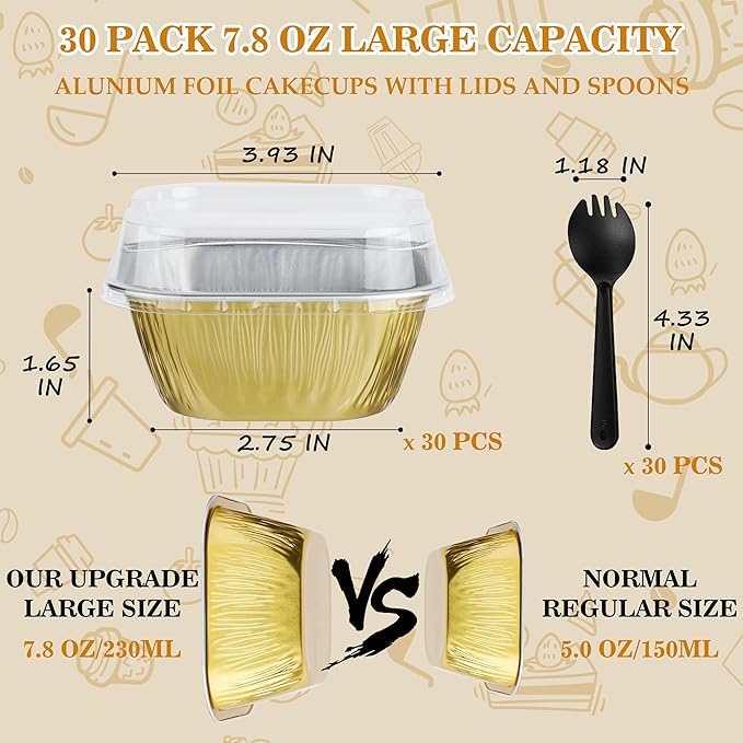 Individual Cake Pans with Lids, BAKINGPAK 30PCS 7.8OZ Mini Cake Pans with Lids Cupcake Liners with Lids Individual Cupcake Containers Baking Cups with Lids Mini Cake Tins with Lids for Holiday, Gold