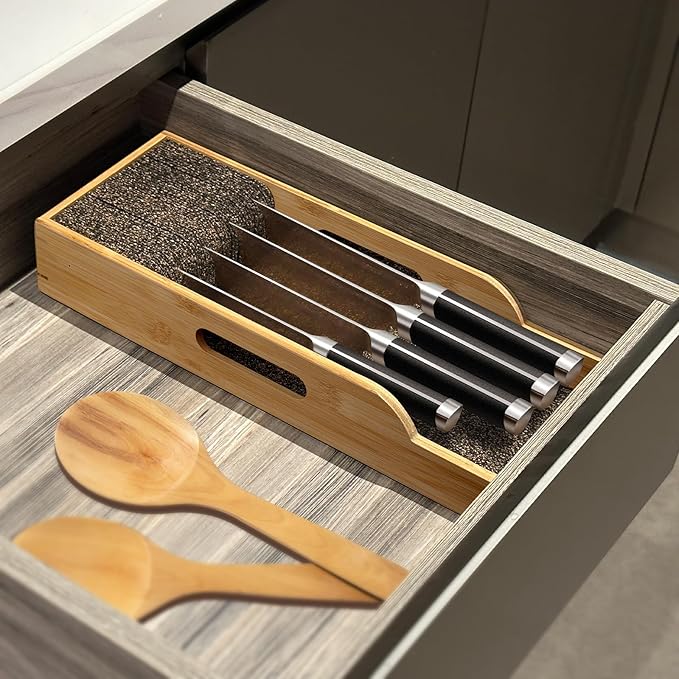 Bamboo Knife Drawer Organizer Insert Dock, Kitchen Steak Knives Organizer Storage for Any Chef