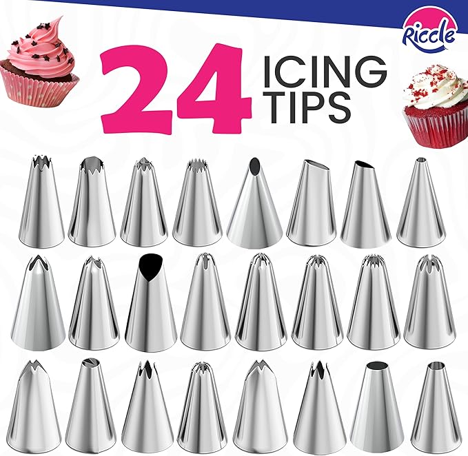 Riccle 94 pcs Cake Decorating Kit with Cake Turntable - Includes 50pcs 12 Inch Disposable + 2 Reusable Piping Bags and Tips Set, 24 Icing Piping Tips, 2 Spatulas, 3 Icing Comb Scraper, 6 Cake Liners