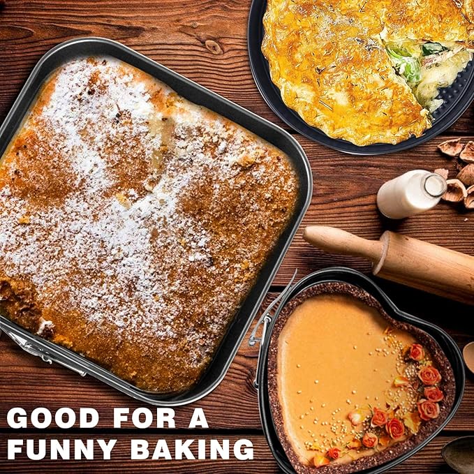 Springform Cake Pan Set of 3 (7, 8, 9 Inch) Heart Round Square Baking Pans Nonstick Cheesecake Pans with Removable Bottom Stainless Steel Bakeware for Cake, Mousse