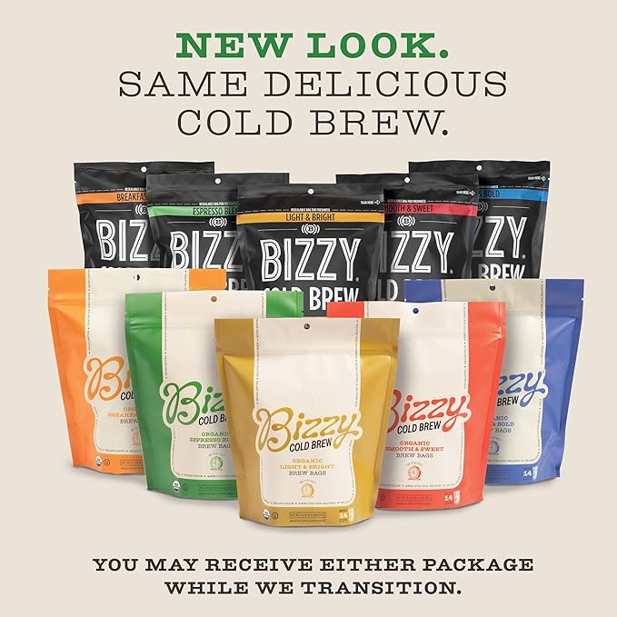 Bizzy Organic Cold Brew Coffee | Light & Bright Blend | Coarse Ground Coffee | Light Roast | Micro Sifted | Specialty Grade | 100% Arabica | Brew Bags | 4 Count | Makes 14 Cups