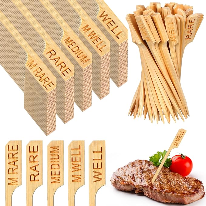 Soaoo 1000 Pcs 3.5" Assorted Bamboo Wood Temperature Picks Steak Temperature Sticks Meat Doneness Steak Markers Bamboo Paddle Skewers Sticks for BBQ Barbecue Party Cocktail Fruit Grilling Roasting