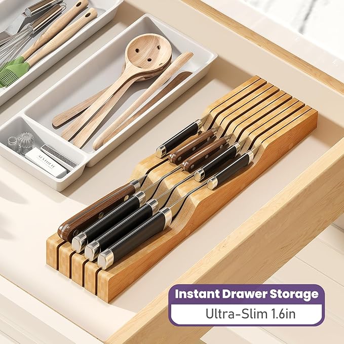 Bamboo In-Drawer Knife Block for 9 Knives(Not Included), Knife Drawer Organizer,Knife Holder Countertop,Block Knife Storage Organizer for Kitchen
