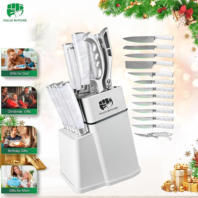 FULLHI 14pcs Block Knife Set, Chef's Knife Steak Knives Set with Block and Sharpener, Kitchen Knife Set, Multi-colour Handle, Gifts for Men Women