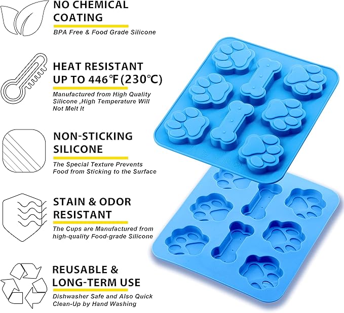 Anaeat 2 Pack Silicone Molds with Puppy Dog Paw and Bone Shaped 2 in 1, Reusable Non-Stick Ice Cube Trays & Flexible Candy Chocolate Molds for Homemade Dog Treats, Pudding & Baking Biscuit (Blue)