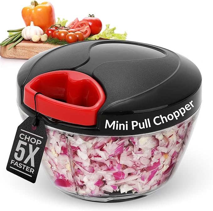 Manual Pull Mini Chopper 400ml – Handheld Vegetable Chopper for Onion, Garlic, Nuts, Herbs & Salad Prep – Compact Food Processor with Sharp Stainless Steel Blades, BPA-Free & Easy to Clean