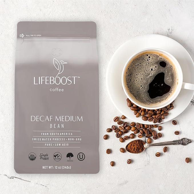 Lifeboost Medium Roast Decaf Coffee Beans – Organic Low Acid Swiss Water Decaf – Whole Bean Coffee – Third Party Tested for Mycotoxins & Pesticides – Chemical Free – 12 oz