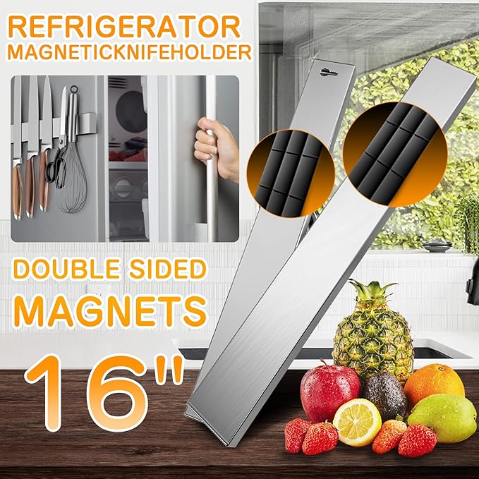 Ninonly 16 Inch Magnetic Knife Holder for Refrigerator Stainless Steel Magnet Knife Strip for Wall Mounted No Drilling Knife Rack with Powerful Magnetic Pull Force Fridge Applicable