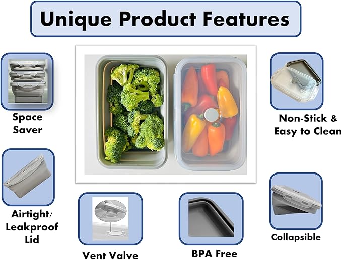 Cocina Vida Collapsible Silicone Food Storage Containers with Airtight Lids | Kitchen Stackable Lunch Box Microwave Dishwasher Safe| Set of 4 Silicone Food Storage Containers