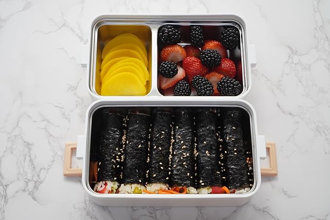 gimmiebox premium stainless steel bento box lunch box with compartments for adults, spoon and fork, leak-proof, easy side locks (White)