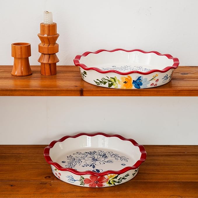 Pie Pan Ceramic Pie Plate, 9 inch Deep Dish Pie Pans, Nonstick Pie Pans for Baking, Red Floral Pie Dish For Kitchen