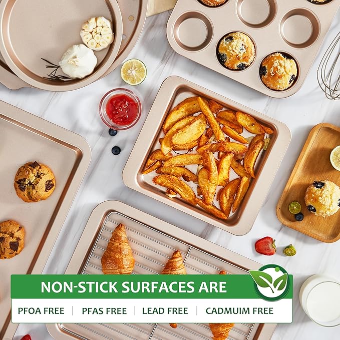 HONGBAKE Bakeware Sets, Baking Pans Set, Nonstick Oven Pan for Kitchen with Wider Grips, 10-Piece Including Rack, Cookie Sheet, Cake Pans, Loaf Pan, Muffin Pan, Pizza Pan - Champagne Gold
