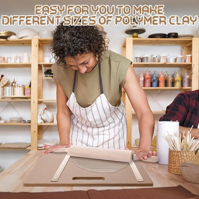 Newtay 12 Pcs Pottery Tools Include 1 Wood Rolling Pin Sculpting Polymer Clay Tools 1 Portable Wedging Board for Pottery with Built in Handle and 10 Pcs 5 Size Pottery Teaching Rolling Mud Stick Guide