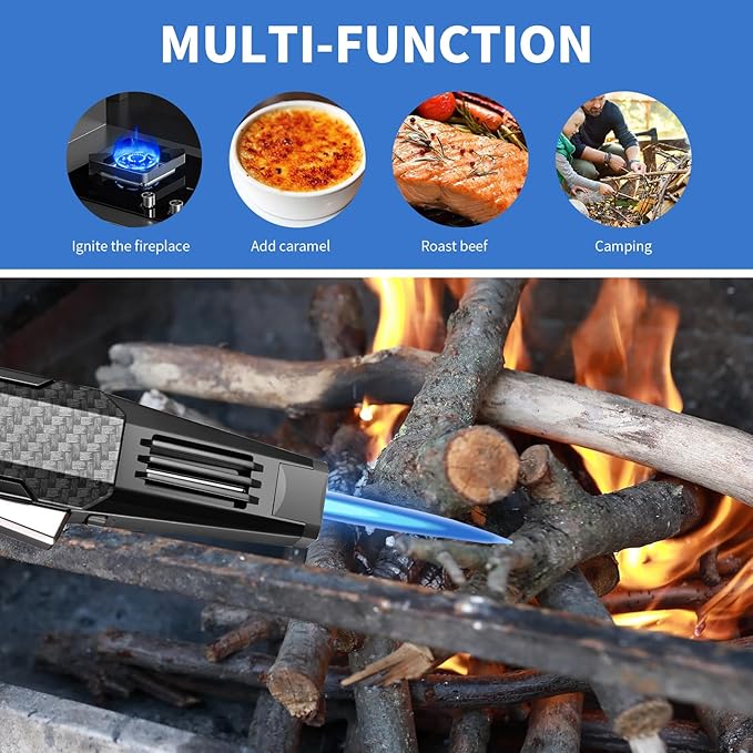 Butane Torch Lighter,Windproof Refillable Kitchen Cooking Torch,Adjustable Flame Solar Beam Blow Torch with Safety Lock for Candle Camping BBQ (Not Included Butane Gas) (Black)