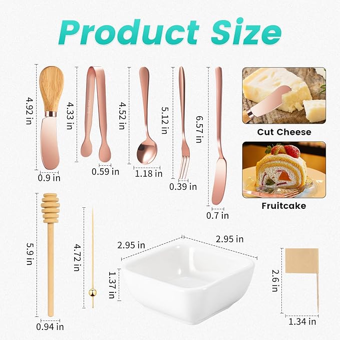 Charcuterie Board Accessories with 3 Oz Ceramic Dip Bowls, Wooden Handle Rose Gold Cheese Spreader Butter Knive Set Kit, Mini Tongs, Spoons, Forks,Honey Dipper, Cocktail Picks